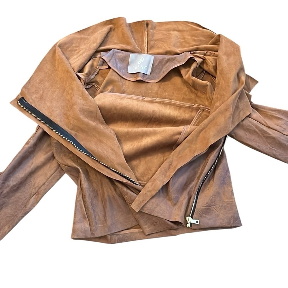 LE3NO Draped Faux Suede Moto Jacket Brown Size Small - Picture 7 of 7